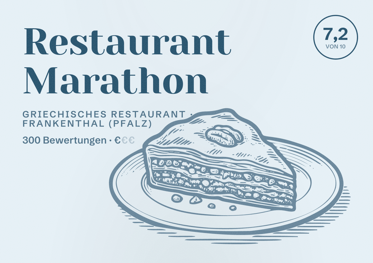 Illustriertes Poster von Restaurant Marathon, Griechisches Restaurant in Frankenthal (Pfalz): Bewertung 7,2 von 10 aus 300 Bewertungen, Preisniveau €