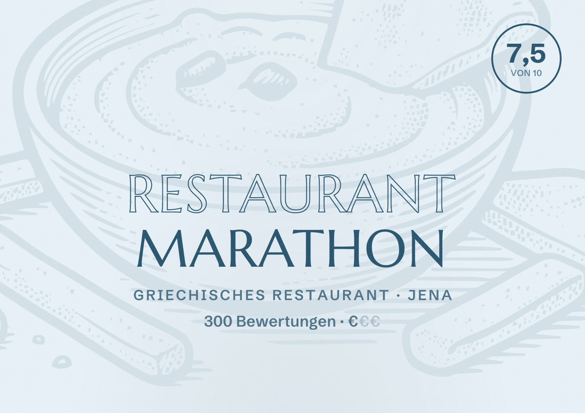 Illustriertes Poster von Restaurant Marathon, Griechisches Restaurant in Jena: Bewertung 7,5 von 10 aus 300 Bewertungen, Preisniveau €