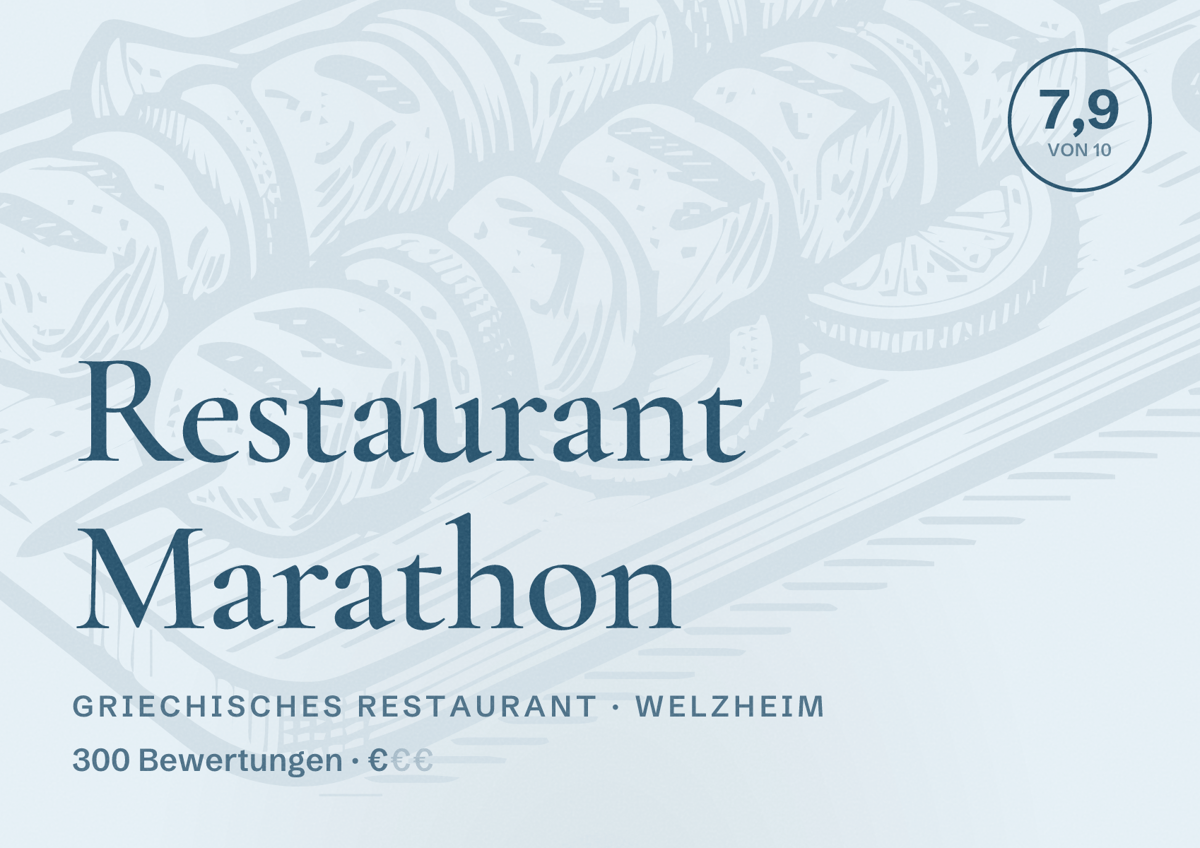 Illustriertes Poster von Restaurant Marathon, Griechisches Restaurant in Welzheim: Bewertung 7,9 von 10 aus 300 Bewertungen, Preisniveau €