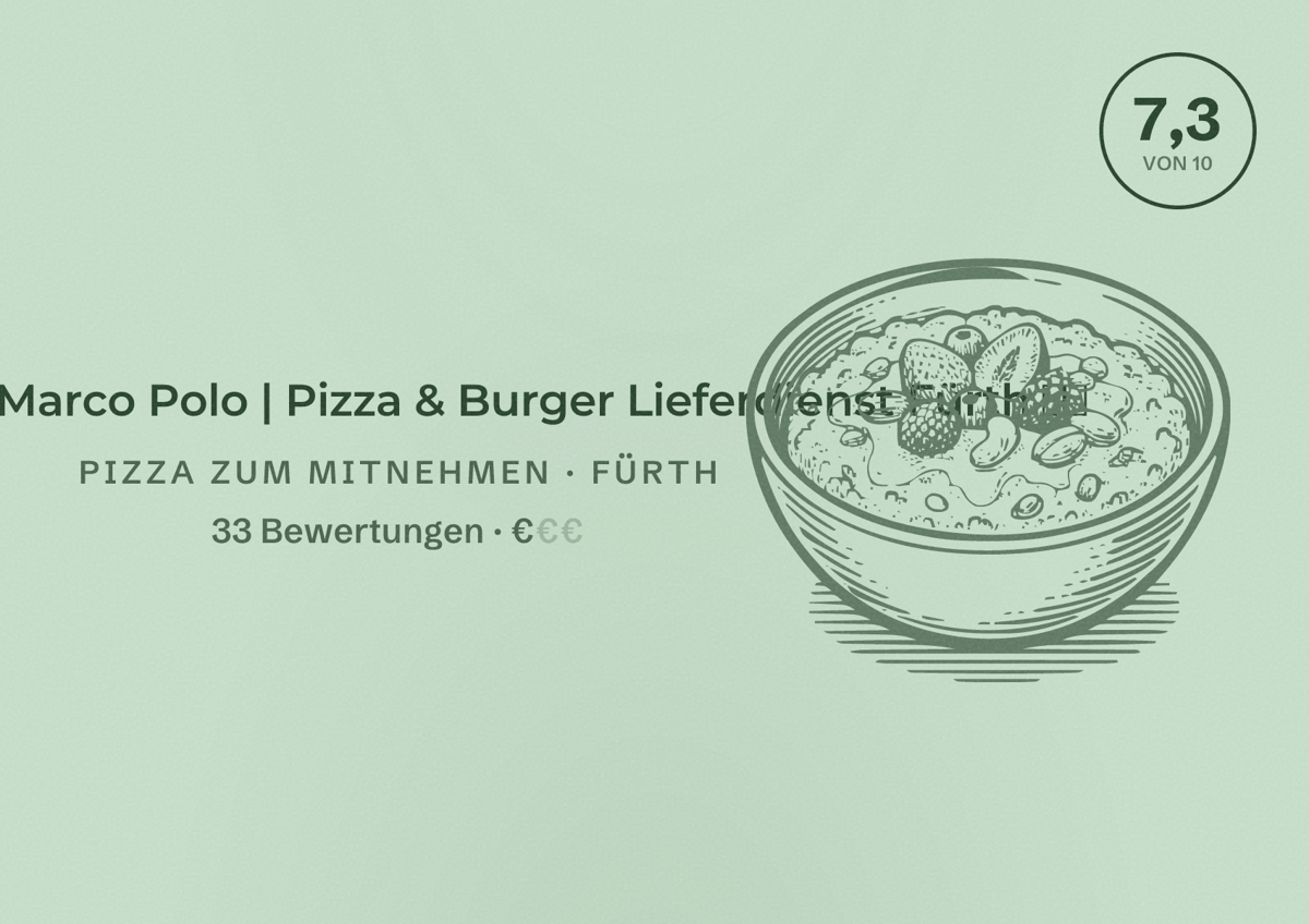 Illustriertes Poster von Restaurant Marco Polo | Pizza & Burger Lieferdienst Fürth 🍕🍔, Pizza zum Mitnehmen in Fürth: Bewertung 7,3 von 10 aus 33 Bewertungen, Preisniveau €