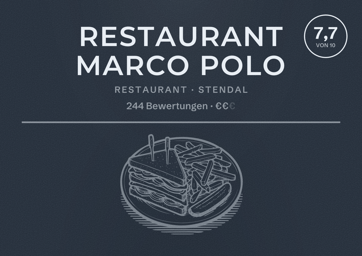 Illustriertes Poster von Restaurant Marco Polo, Restaurant in Stendal: Bewertung 7,7 von 10 aus 244 Bewertungen, Preisniveau €€