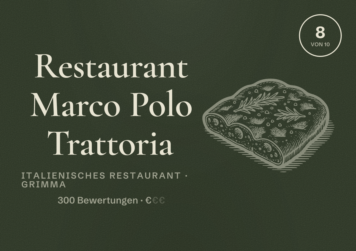 Illustriertes Poster von Restaurant Marco Polo Trattoria, Italienisches Restaurant in Grimma: Bewertung 8 von 10 aus 300 Bewertungen, Preisniveau €