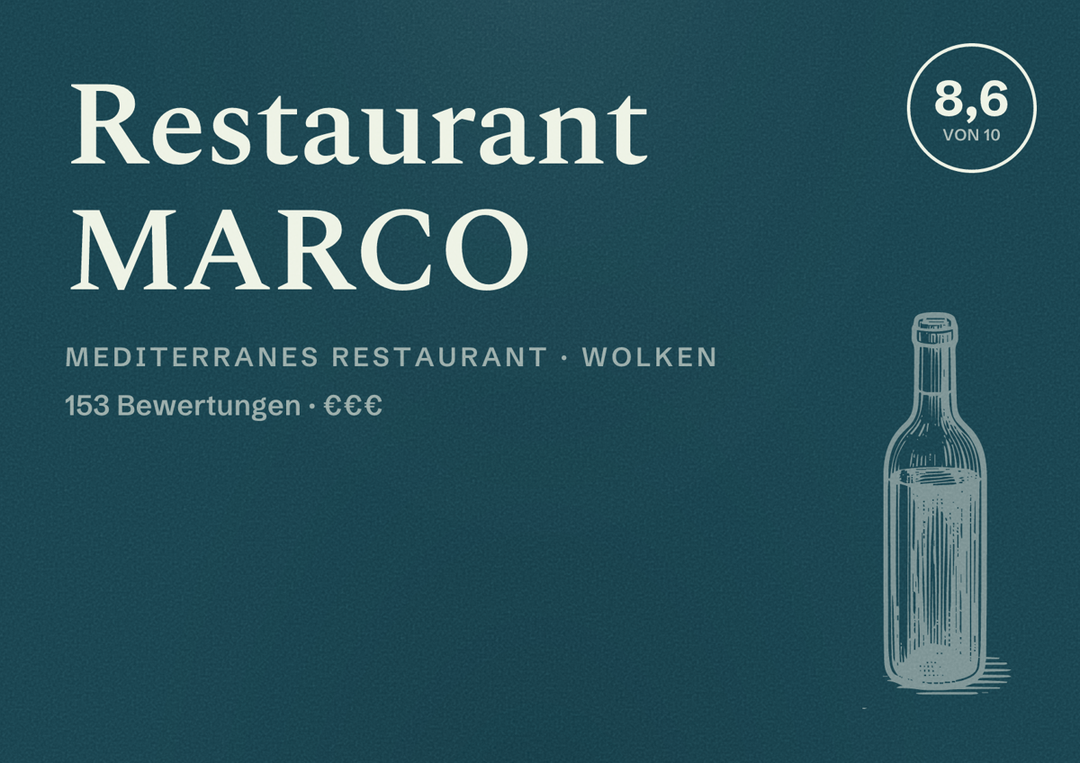 Illustriertes Poster von Restaurant MARCO, Mediterranes Restaurant in Wolken: Bewertung 8,6 von 10 aus 153 Bewertungen, Preisniveau €€€