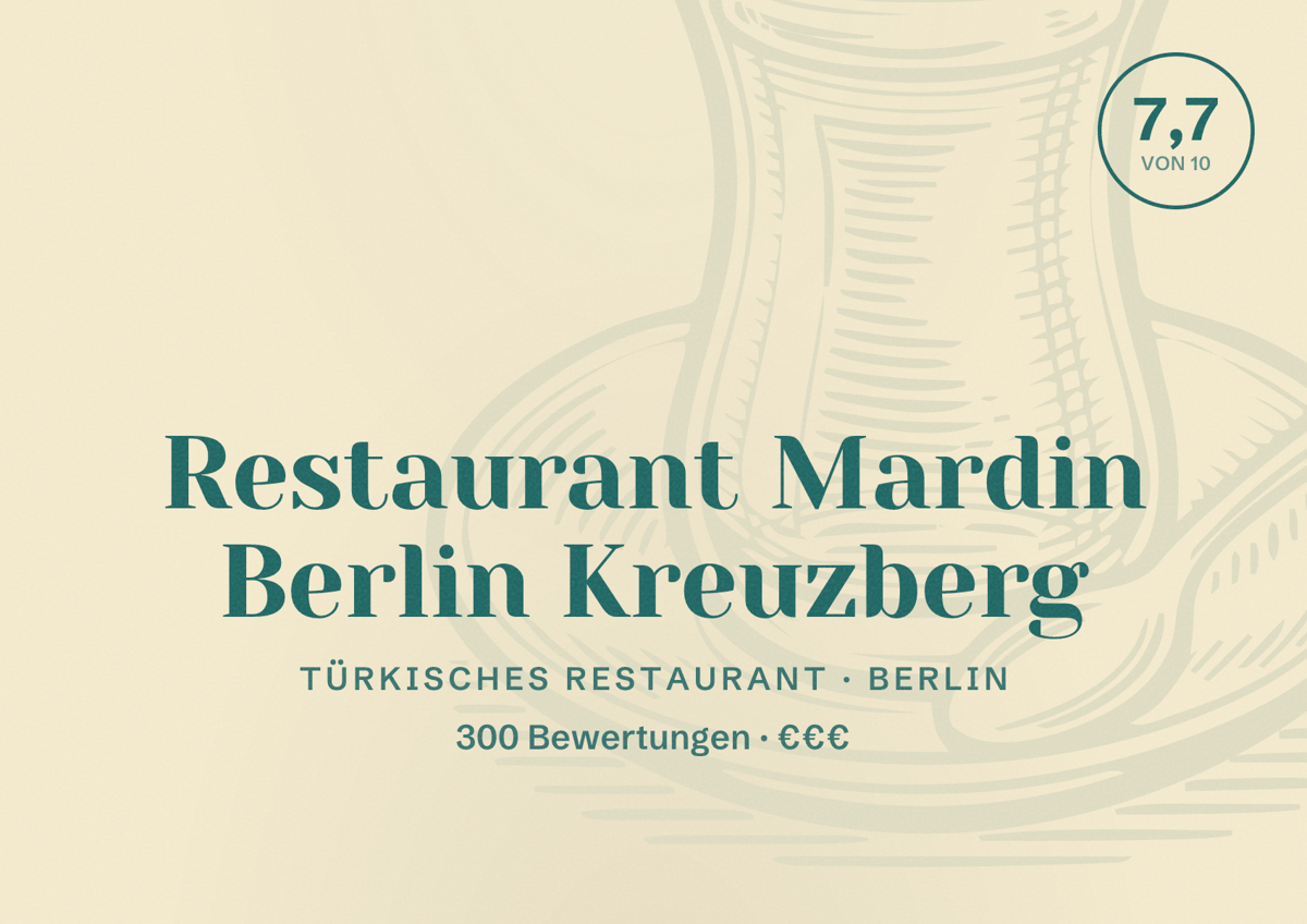 Illustriertes Poster von Restaurant Mardin Berlin Kreuzberg, Türkisches Restaurant in Berlin: Bewertung 7,7 von 10 aus 300 Bewertungen, Preisniveau €€€