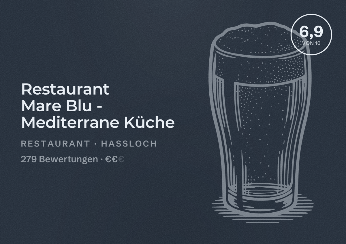 Illustriertes Poster von Restaurant Mare Blu - Mediterrane Küche, Restaurant in Haßloch: Bewertung 6,9 von 10 aus 279 Bewertungen, Preisniveau €€