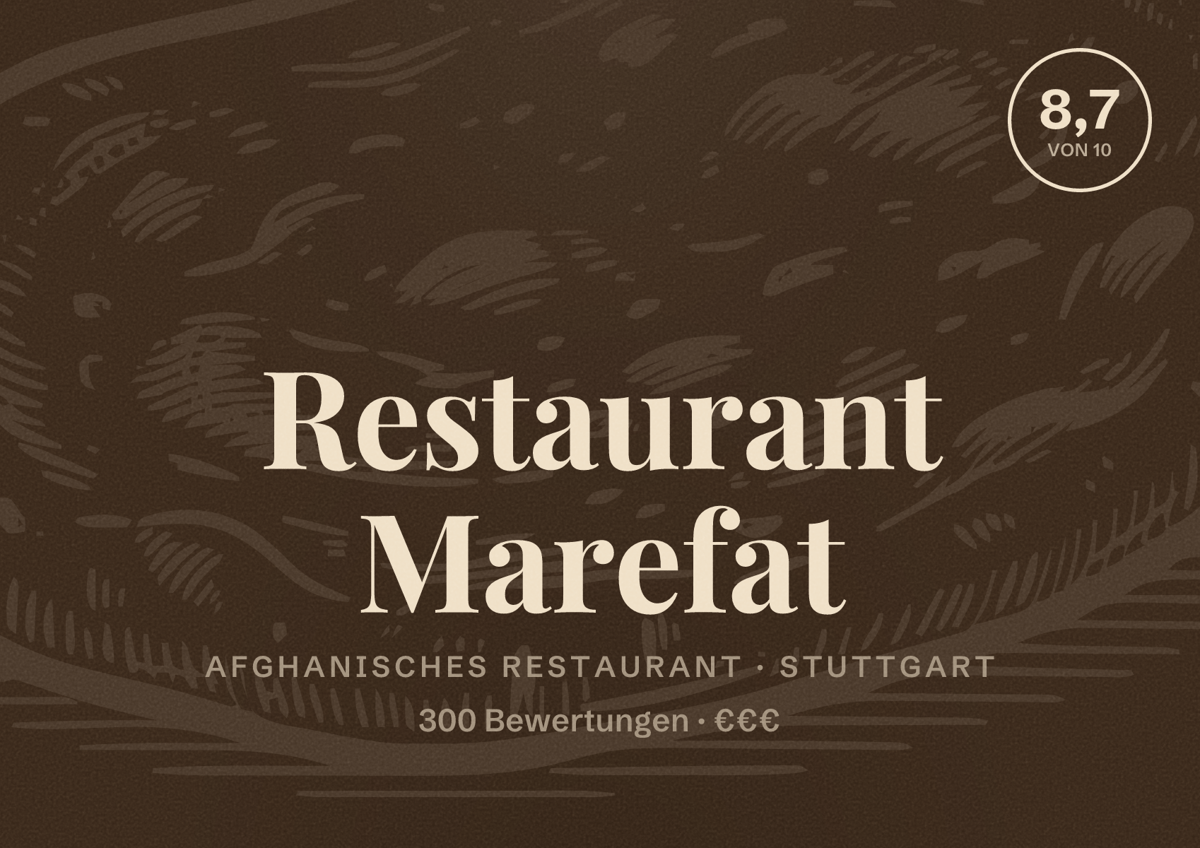 Illustriertes Poster von Restaurant Marefat, Afghanisches Restaurant in Stuttgart: Bewertung 8,7 von 10 aus 300 Bewertungen, Preisniveau €€€