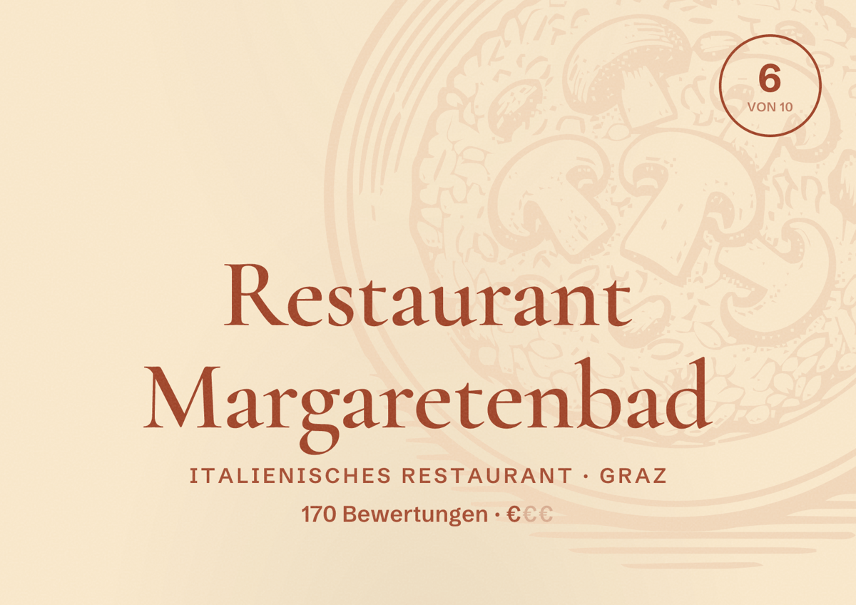 Illustriertes Poster von Restaurant Margaretenbad, Italienisches Restaurant in Graz: Bewertung 6 von 10 aus 170 Bewertungen, Preisniveau €