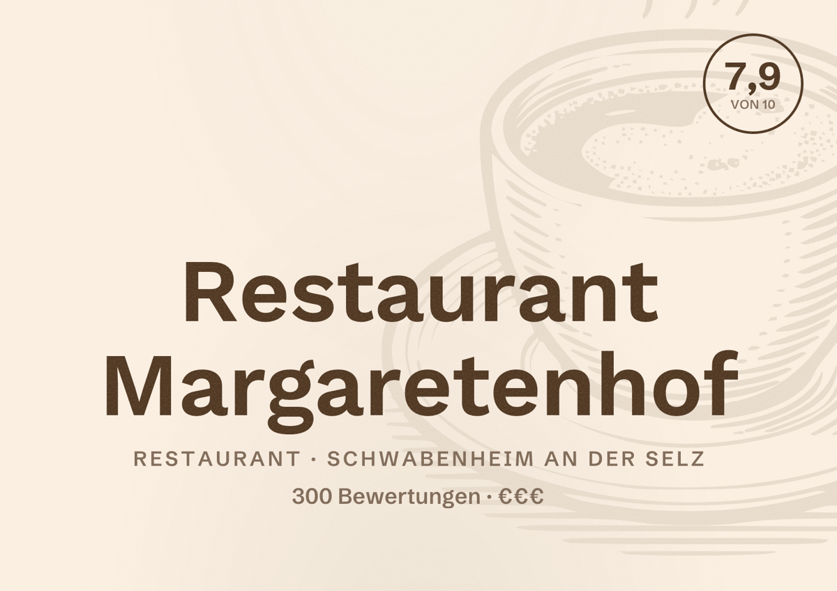 Illustriertes Poster von Restaurant Margaretenhof, Restaurant in Schwabenheim an der Selz: Bewertung 7,9 von 10 aus 300 Bewertungen, Preisniveau €€€