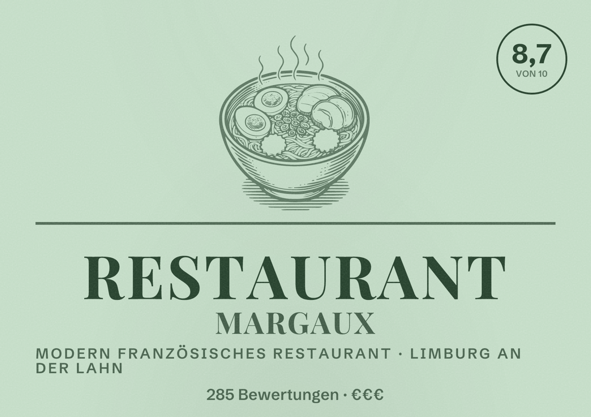 Illustriertes Poster von Restaurant Margaux, Modern französisches Restaurant in Limburg an der Lahn: Bewertung 8,7 von 10 aus 285 Bewertungen, Preisniveau €€€