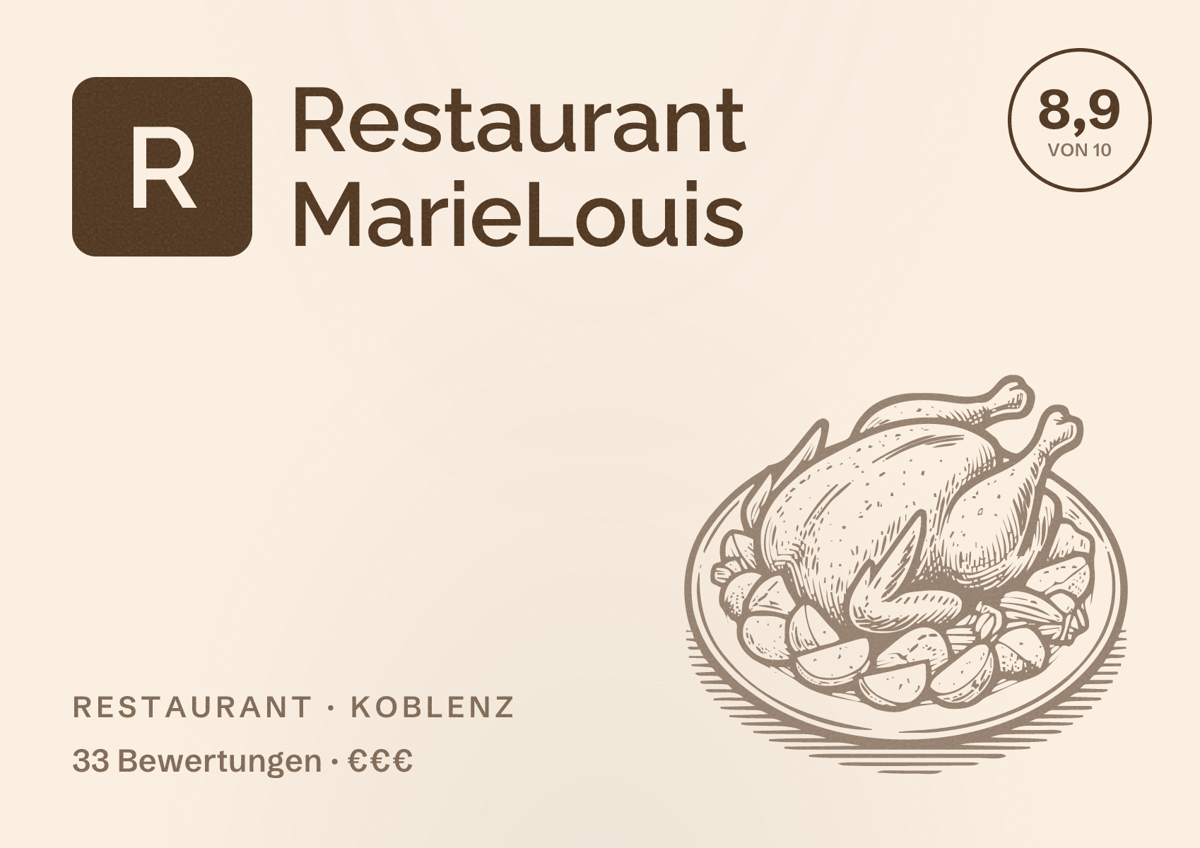 Illustriertes Poster von Restaurant MarieLouis, Restaurant in Koblenz: Bewertung 8,9 von 10 aus 33 Bewertungen, Preisniveau €€€