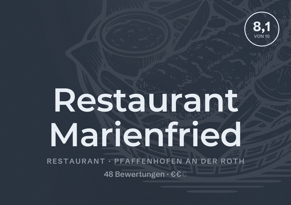 Illustriertes Poster von Restaurant Marienfried, Restaurant in Pfaffenhofen an der Roth: Bewertung 8,1 von 10 aus 48 Bewertungen, Preisniveau €€