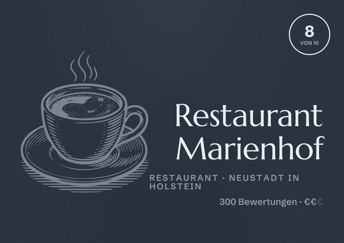 Illustriertes Poster von Restaurant Marienhof, Restaurant in Neustadt in Holstein: Bewertung 8 von 10 aus 300 Bewertungen, Preisniveau €€