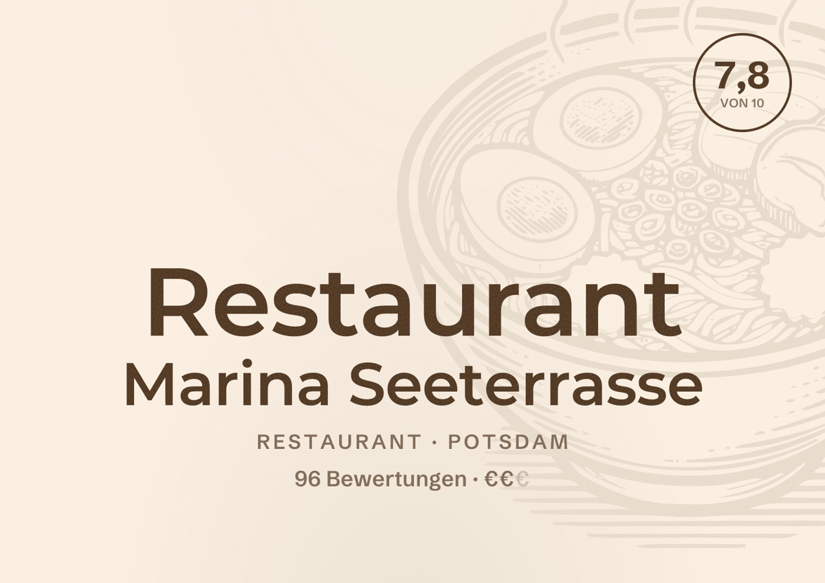 Illustriertes Poster von Restaurant Marina Seeterrasse, Restaurant in Potsdam: Bewertung 7,8 von 10 aus 96 Bewertungen, Preisniveau €€