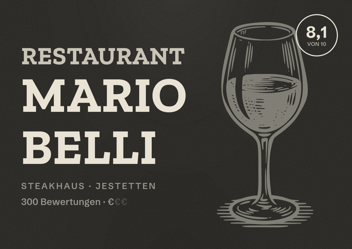 Illustriertes Poster von Restaurant Mario Belli, Steakhaus in Jestetten: Bewertung 8,1 von 10 aus 300 Bewertungen, Preisniveau €