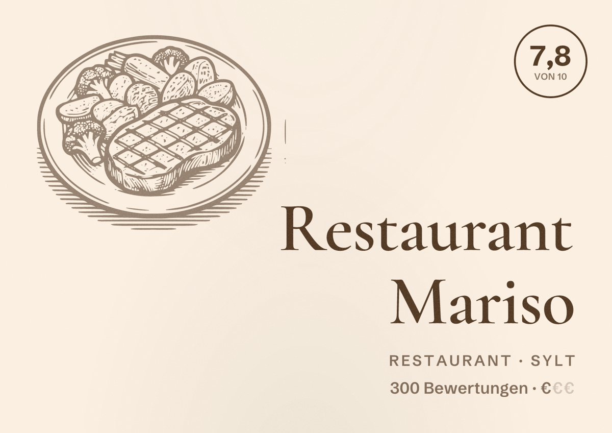 Illustriertes Poster von Restaurant Mariso, Restaurant in Sylt: Bewertung 7,8 von 10 aus 300 Bewertungen, Preisniveau €