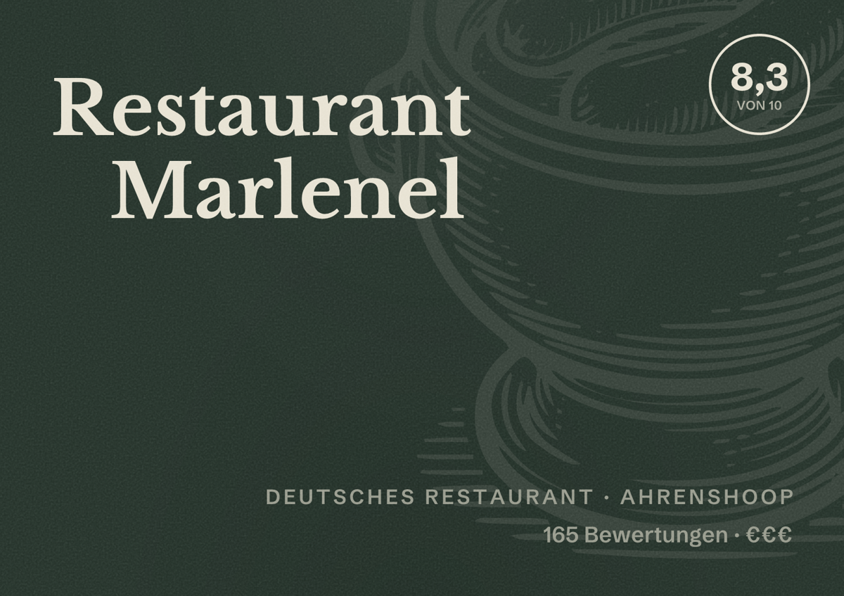 Illustriertes Poster von Restaurant Marlenel, Deutsches Restaurant in Ahrenshoop: Bewertung 8,3 von 10 aus 165 Bewertungen, Preisniveau €€€