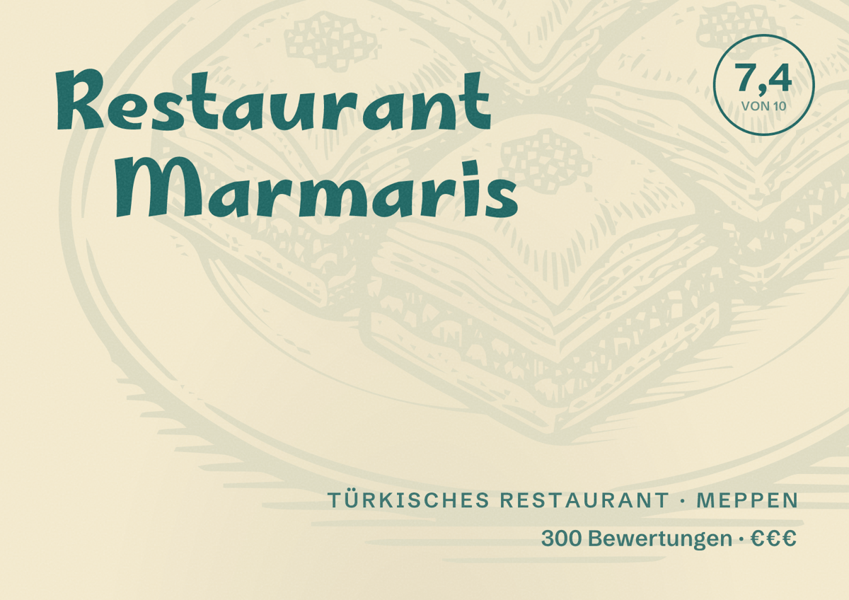 Illustriertes Poster von Restaurant Marmaris, Türkisches Restaurant in Meppen: Bewertung 7,4 von 10 aus 300 Bewertungen, Preisniveau €€€