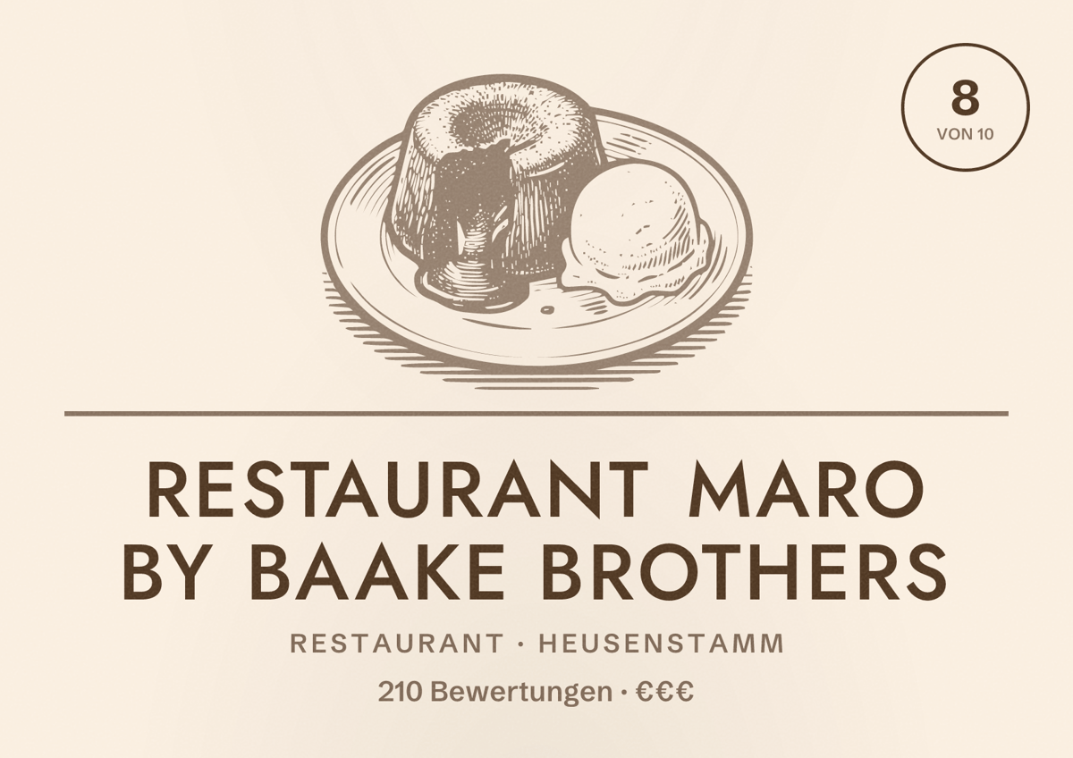 Illustriertes Poster von Restaurant MaRo by Baake Brothers, Restaurant in Heusenstamm: Bewertung 8 von 10 aus 210 Bewertungen, Preisniveau €€€