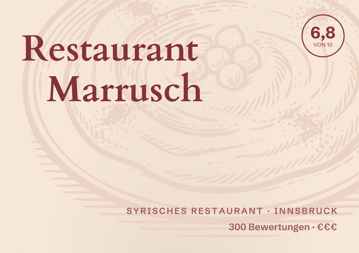 Illustriertes Poster von Restaurant Marrusch, Syrisches Restaurant in Innsbruck: Bewertung 6,8 von 10 aus 300 Bewertungen, Preisniveau €€€