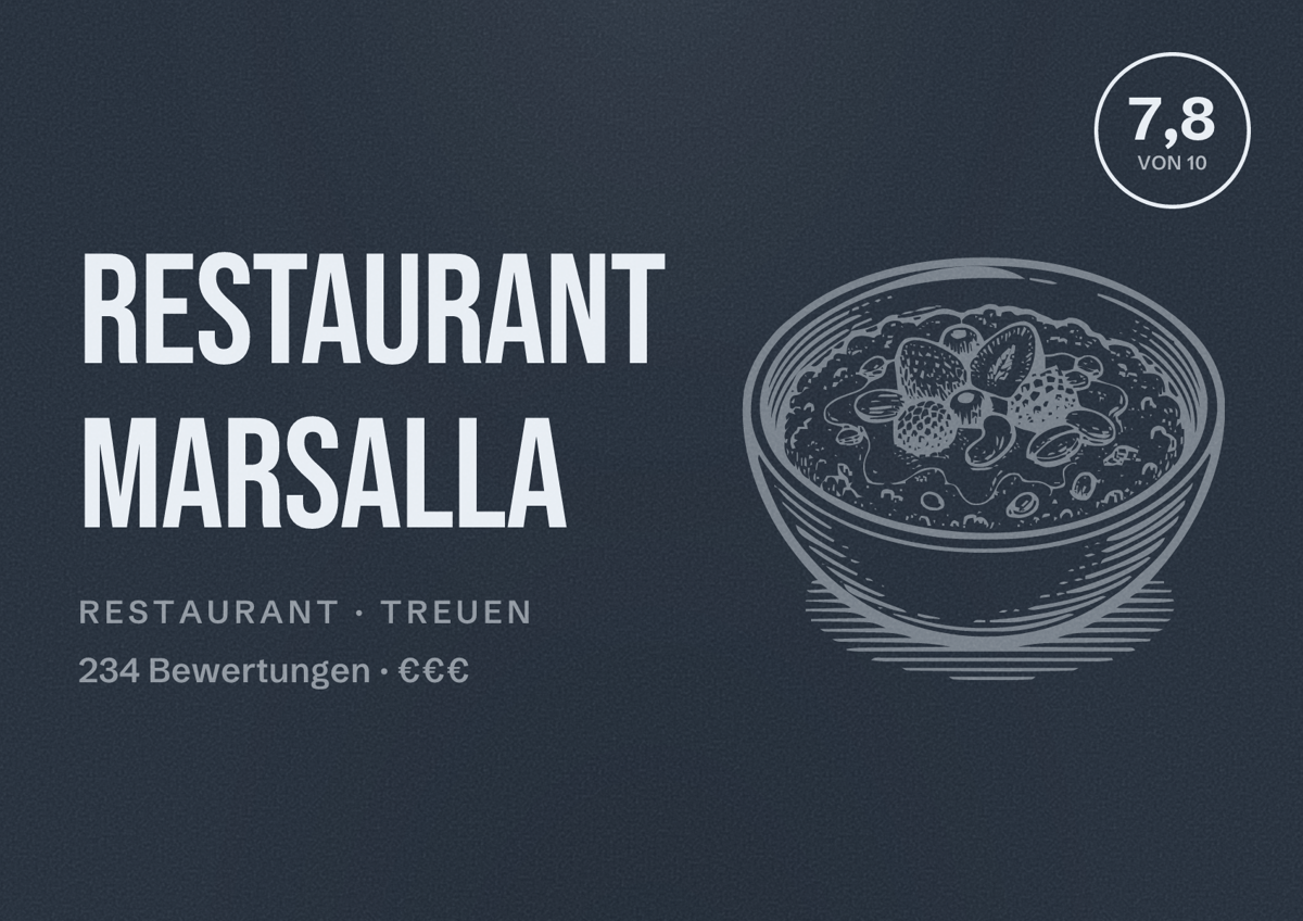Illustriertes Poster von Restaurant Marsalla, Restaurant in Treuen: Bewertung 7,8 von 10 aus 234 Bewertungen, Preisniveau €€€
