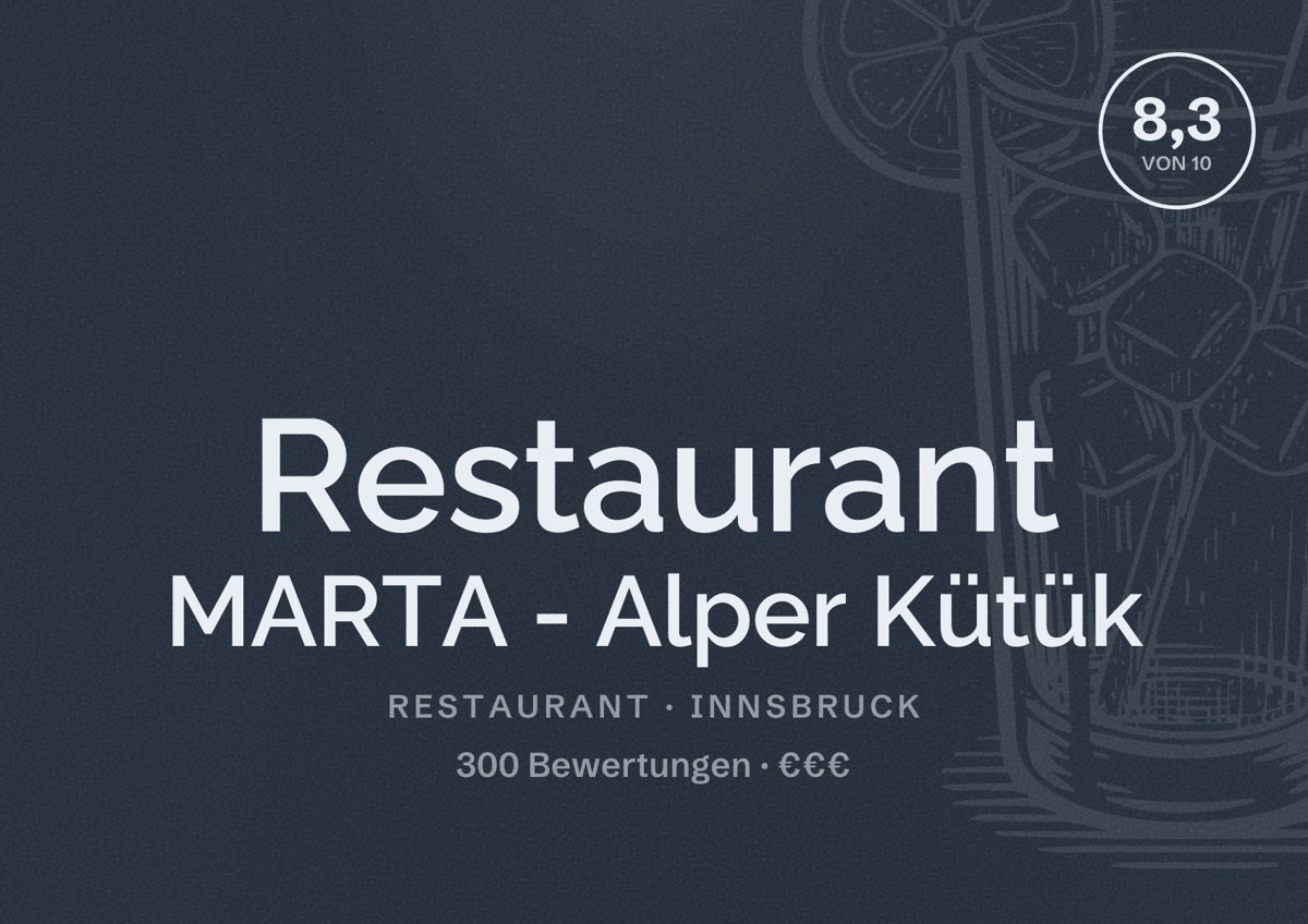 Illustriertes Poster von Restaurant MARTA - Alper Kütük, Restaurant in Innsbruck: Bewertung 8,3 von 10 aus 300 Bewertungen, Preisniveau €€€