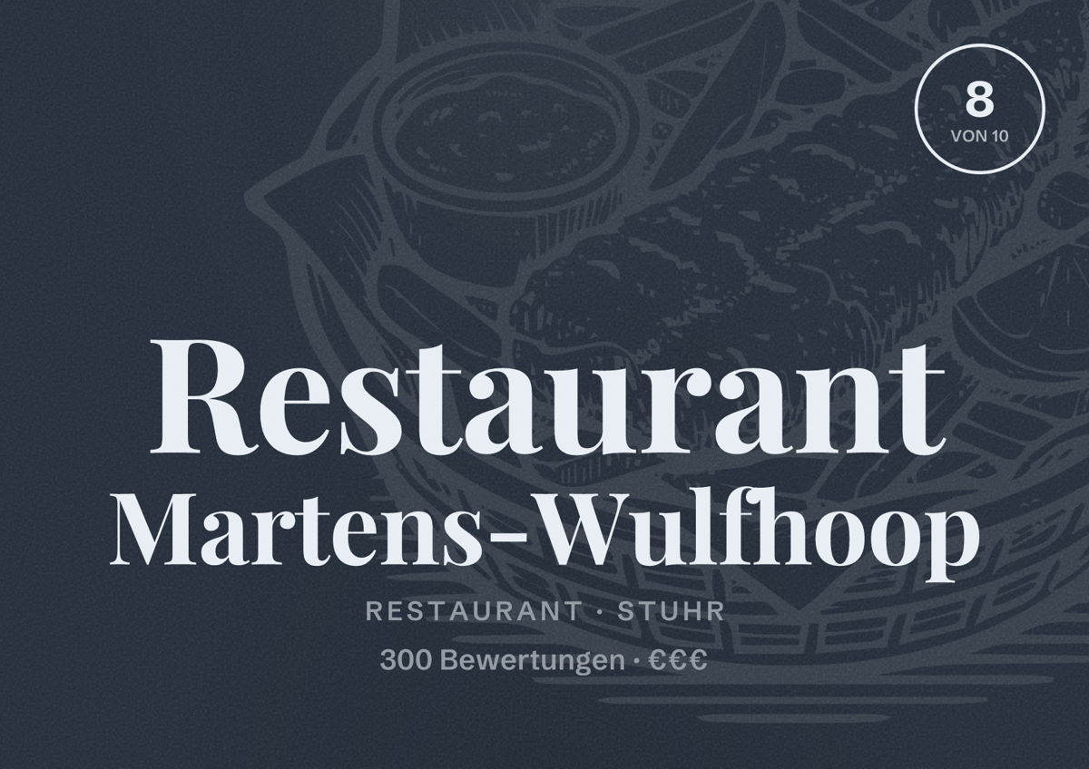 Illustriertes Poster von Restaurant Martens-Wulfhoop, Restaurant in Stuhr: Bewertung 8 von 10 aus 300 Bewertungen, Preisniveau €€€