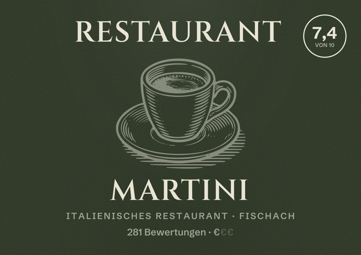 Illustriertes Poster von Restaurant Martini, Italienisches Restaurant in Fischach: Bewertung 7,4 von 10 aus 281 Bewertungen, Preisniveau €
