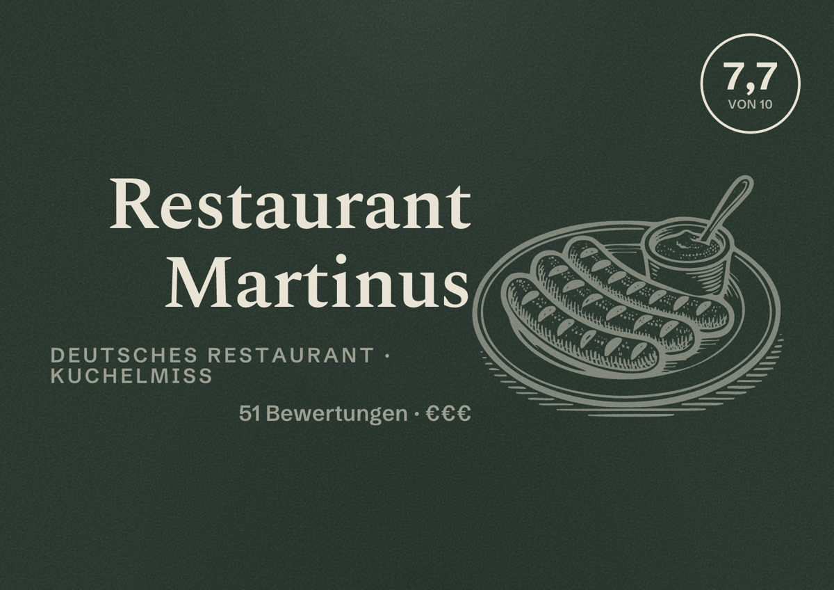 Illustriertes Poster von Restaurant Martinus, Deutsches Restaurant in Kuchelmiß: Bewertung 7,7 von 10 aus 51 Bewertungen, Preisniveau €€€