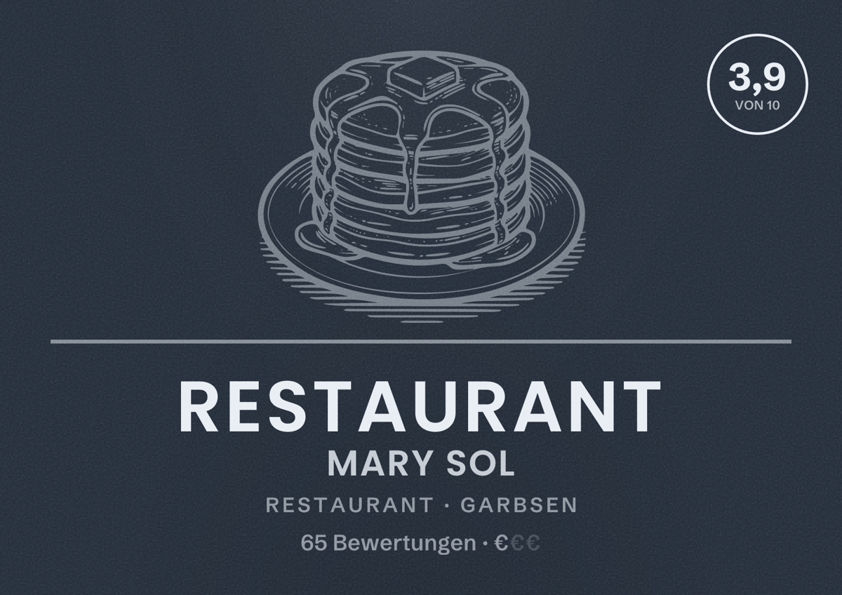 Illustriertes Poster von Restaurant Mary Sol, Restaurant in Garbsen: Bewertung 3,9 von 10 aus 65 Bewertungen, Preisniveau €