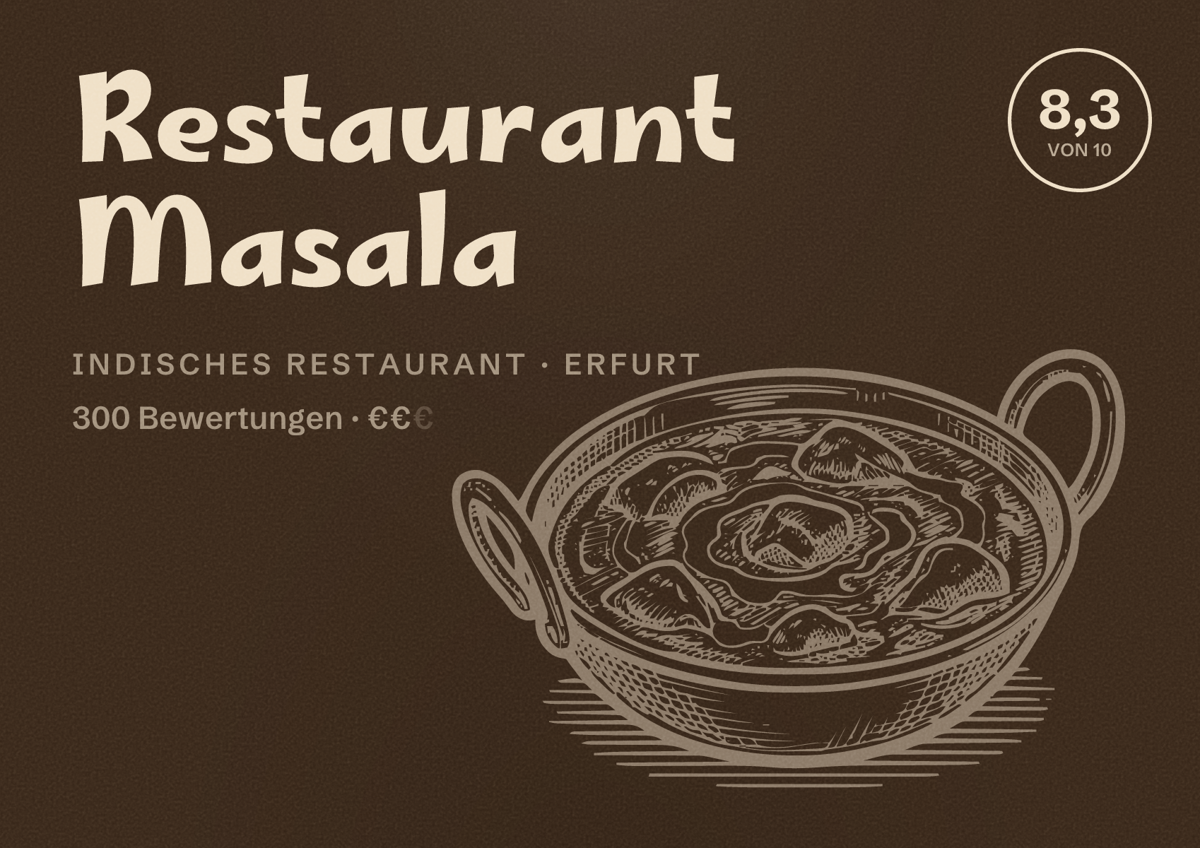 Illustriertes Poster von Restaurant Masala, Indisches Restaurant in Erfurt: Bewertung 8,3 von 10 aus 300 Bewertungen, Preisniveau €€