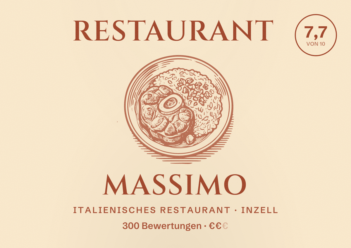 Illustriertes Poster von Restaurant Massimo, Italienisches Restaurant in Inzell: Bewertung 7,7 von 10 aus 300 Bewertungen, Preisniveau €€