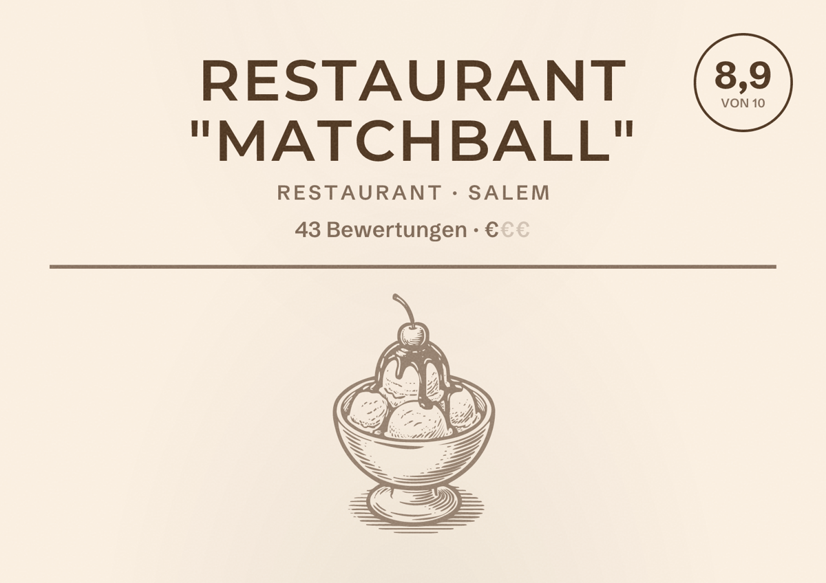 Illustriertes Poster von Restaurant "Matchball", Restaurant in Salem: Bewertung 8,9 von 10 aus 43 Bewertungen, Preisniveau €
