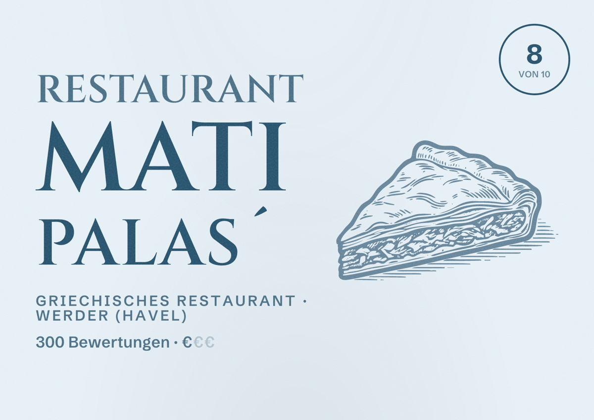 Illustriertes Poster von Restaurant Mati Palas´, Griechisches Restaurant in Werder (Havel): Bewertung 8 von 10 aus 300 Bewertungen, Preisniveau €