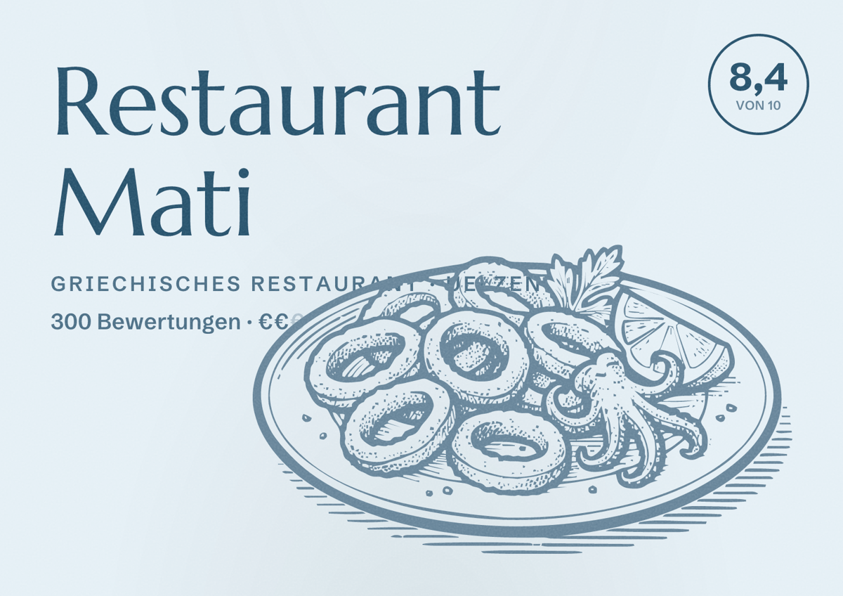 Illustriertes Poster von Restaurant Mati, Griechisches Restaurant in Uelzen: Bewertung 8,4 von 10 aus 300 Bewertungen, Preisniveau €€