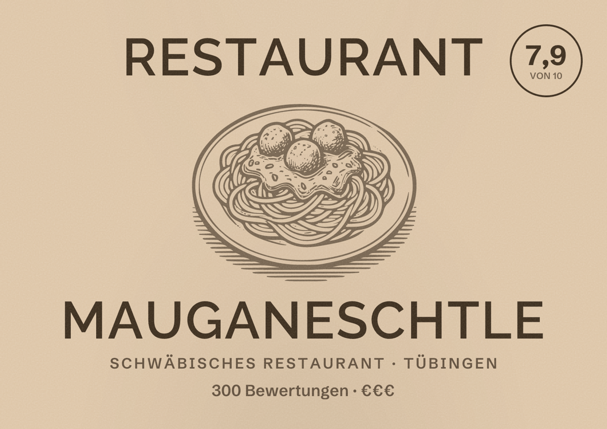 Illustriertes Poster von Restaurant Mauganeschtle, Schwäbisches Restaurant in Tübingen: Bewertung 7,9 von 10 aus 300 Bewertungen, Preisniveau €€€