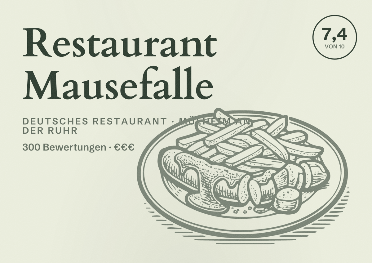Illustriertes Poster von Restaurant Mausefalle, Deutsches Restaurant in Mülheim an der Ruhr: Bewertung 7,4 von 10 aus 300 Bewertungen, Preisniveau €€€