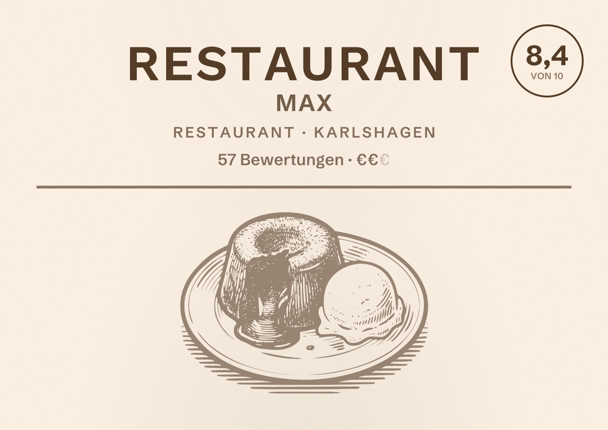 Illustriertes Poster von Restaurant Max, Restaurant in Karlshagen: Bewertung 8,4 von 10 aus 57 Bewertungen, Preisniveau €€