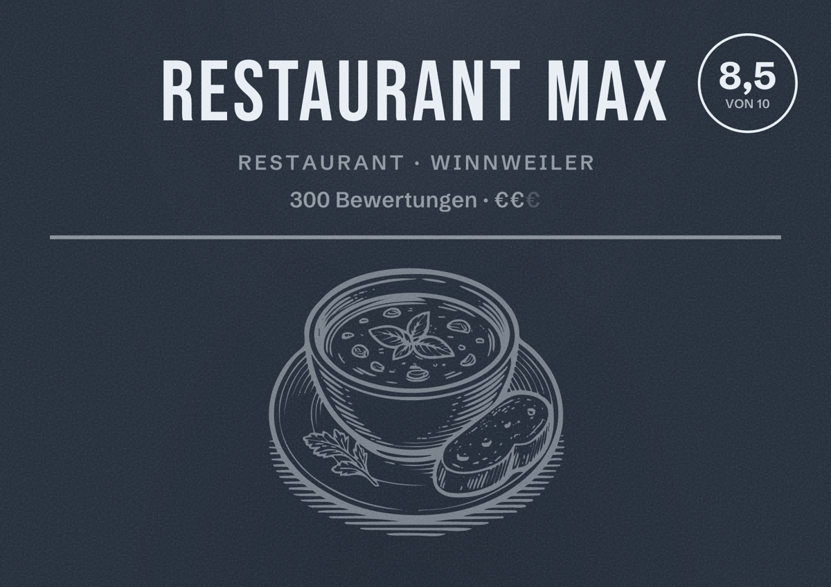 Illustriertes Poster von Restaurant Max, Restaurant in Winnweiler: Bewertung 8,5 von 10 aus 300 Bewertungen, Preisniveau €€