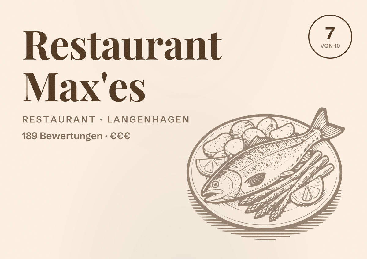 Illustriertes Poster von Restaurant Max'es, Restaurant in Langenhagen: Bewertung 7 von 10 aus 189 Bewertungen, Preisniveau €€€