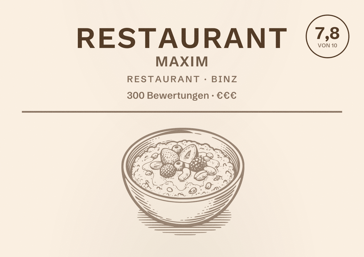 Illustriertes Poster von Restaurant Maxim, Restaurant in Binz: Bewertung 7,8 von 10 aus 300 Bewertungen, Preisniveau €€€