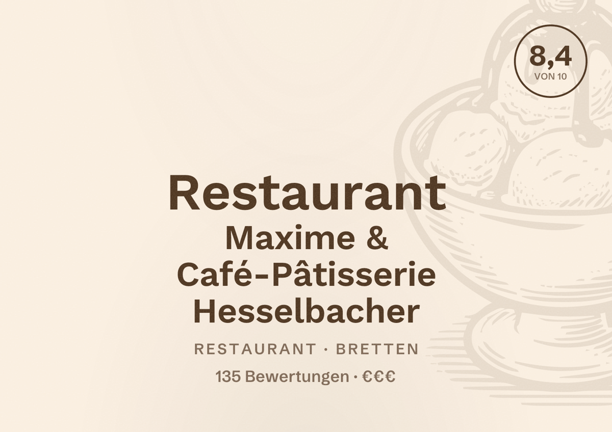 Illustriertes Poster von Restaurant Maxime & Café-Pâtisserie Hesselbacher, Restaurant in Bretten: Bewertung 8,4 von 10 aus 135 Bewertungen, Preisniveau €€€