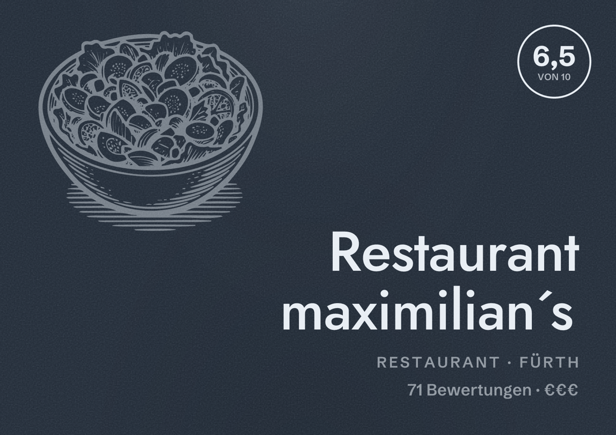 Illustriertes Poster von Restaurant maximilian´s, Restaurant in Fürth: Bewertung 6,5 von 10 aus 71 Bewertungen, Preisniveau €€€
