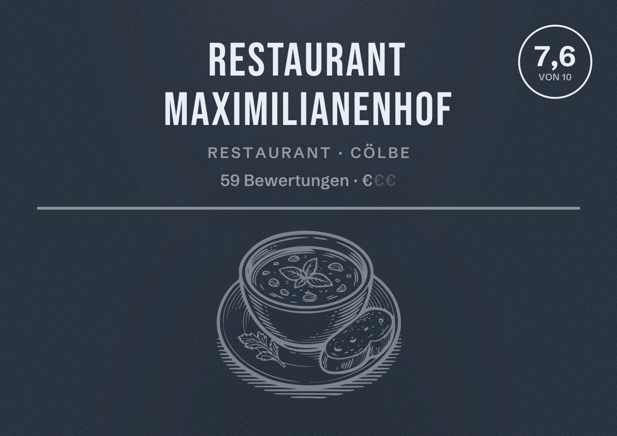 Illustriertes Poster von Restaurant Maximilianenhof, Restaurant in Cölbe: Bewertung 7,6 von 10 aus 59 Bewertungen, Preisniveau €