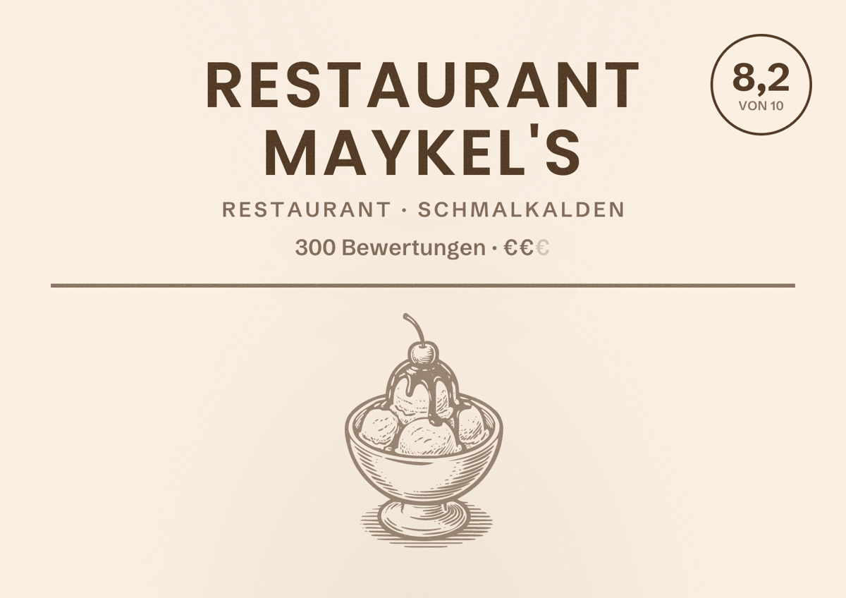 Illustriertes Poster von Restaurant MAYKEL'S, Restaurant in Schmalkalden: Bewertung 8,2 von 10 aus 300 Bewertungen, Preisniveau €€