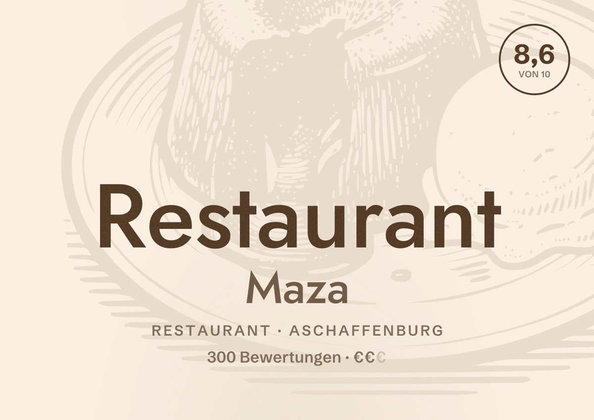Illustriertes Poster von Restaurant Maza, Restaurant in Aschaffenburg: Bewertung 8,6 von 10 aus 300 Bewertungen, Preisniveau €€