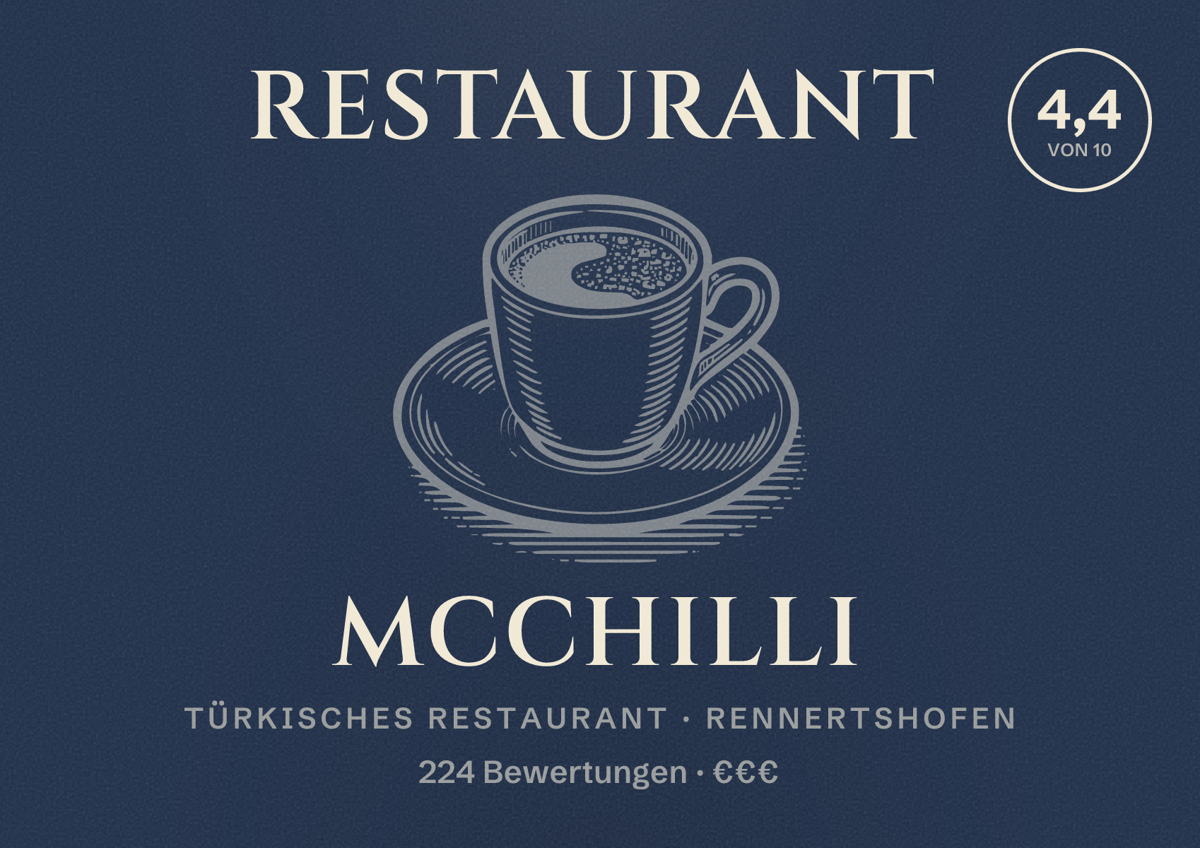 Illustriertes Poster von Restaurant McChilli, Türkisches Restaurant in Rennertshofen: Bewertung 4,4 von 10 aus 224 Bewertungen, Preisniveau €€€