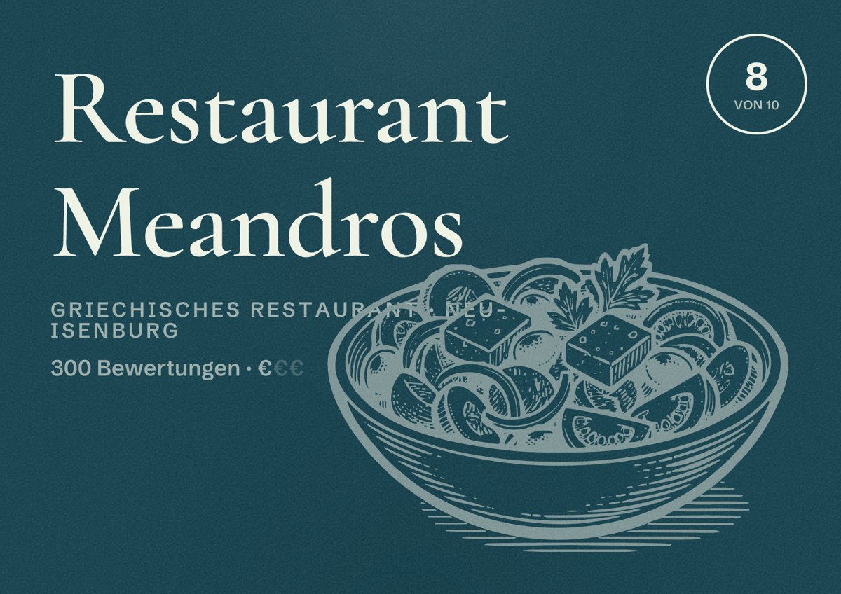 Illustriertes Poster von Restaurant Meandros, Griechisches Restaurant in Neu-Isenburg: Bewertung 8 von 10 aus 300 Bewertungen, Preisniveau €