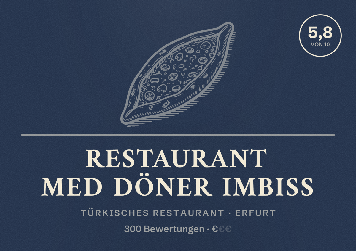 Illustriertes Poster von Restaurant MED Döner Imbiss, Türkisches Restaurant in Erfurt: Bewertung 5,8 von 10 aus 300 Bewertungen, Preisniveau €