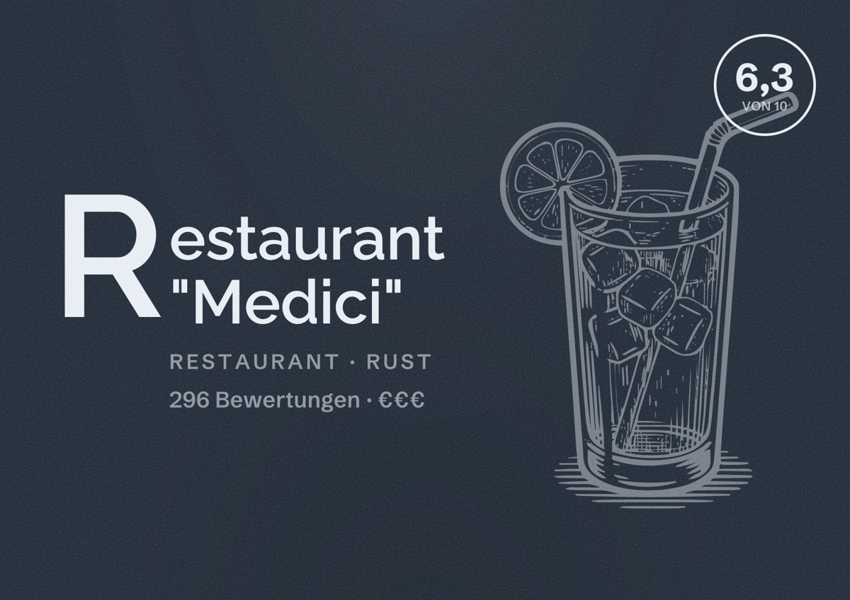 Illustriertes Poster von Restaurant "Medici", Restaurant in Rust: Bewertung 6,3 von 10 aus 296 Bewertungen, Preisniveau €€€