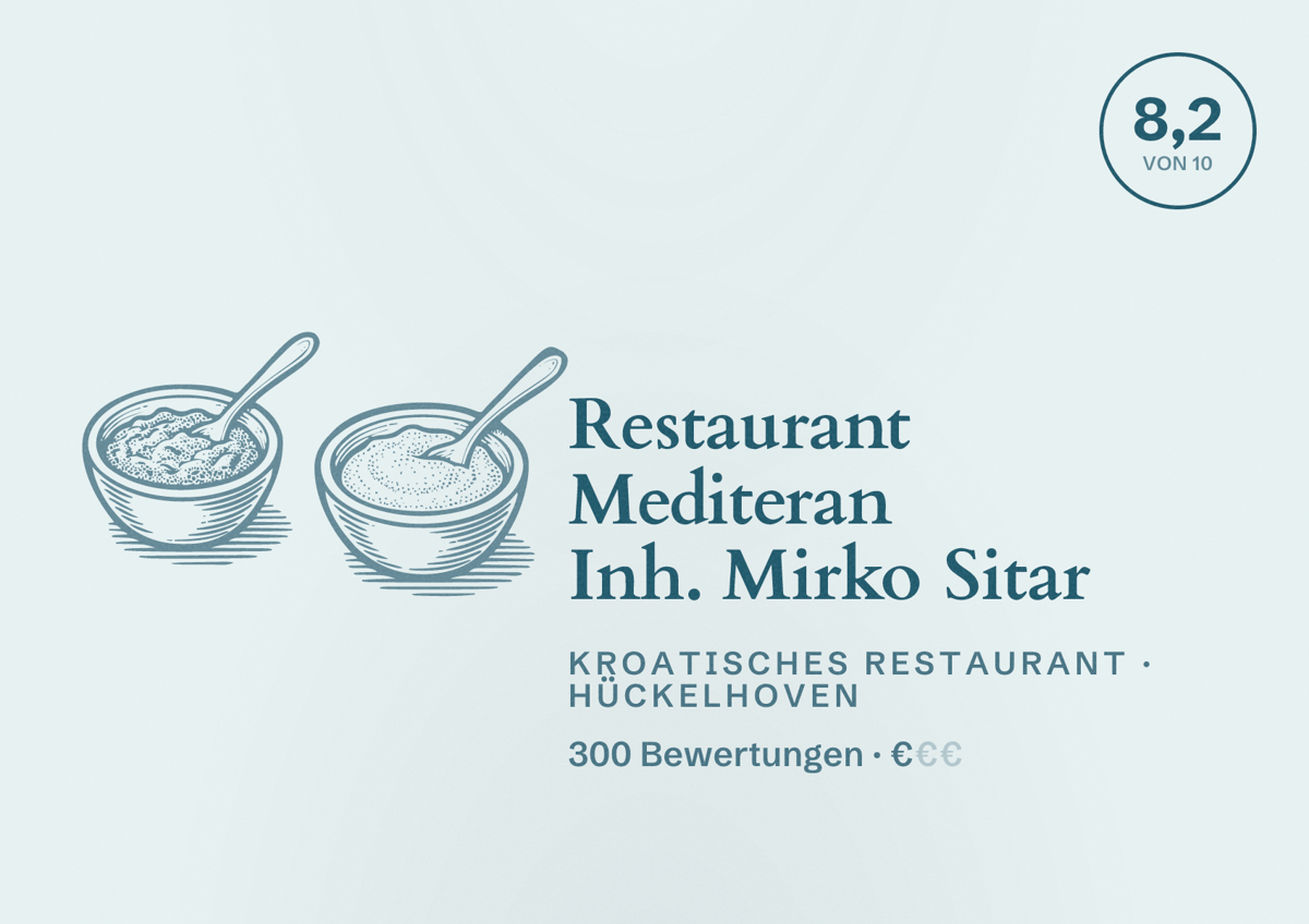 Illustriertes Poster von Restaurant Mediteran Inh. Mirko Sitar, Kroatisches Restaurant in Hückelhoven: Bewertung 8,2 von 10 aus 300 Bewertungen, Preisniveau €